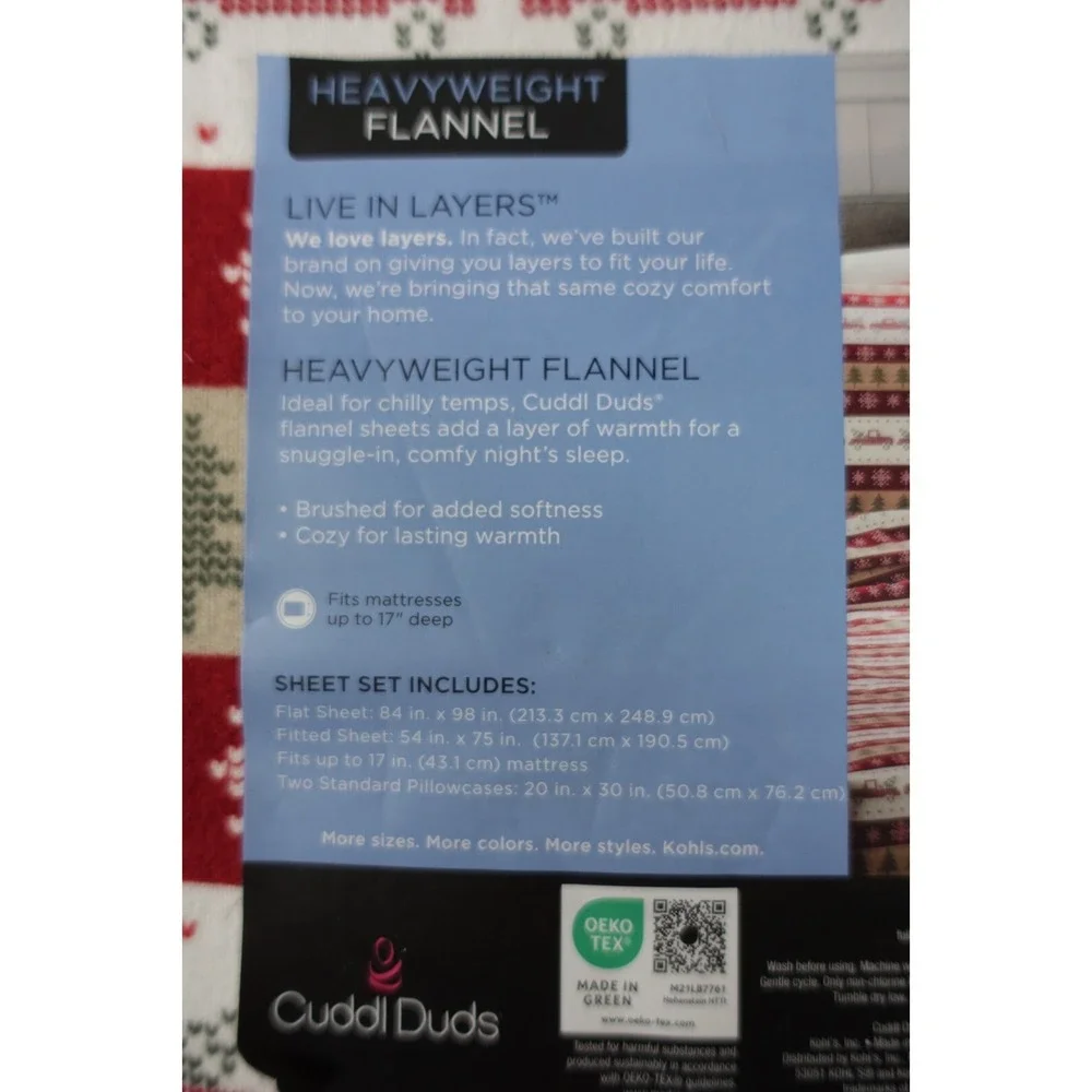 Cuddl Duds Full Sheet Set Heavyweight Flannel Truck Fairisle Red White New